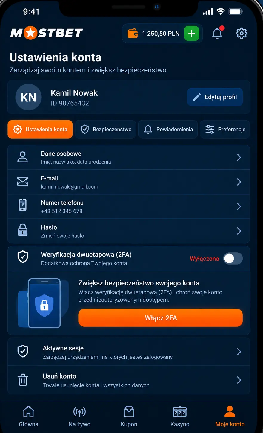 Mostbet – ustawienia konta z opcją aktywacji 2FA