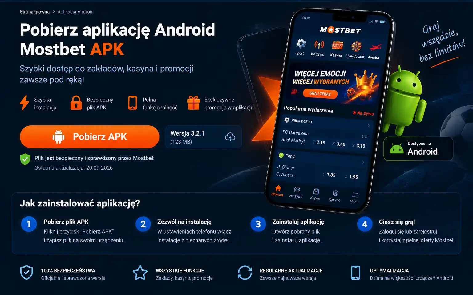 Mostbet – strona pobierania APK z przyciskiem dla Android