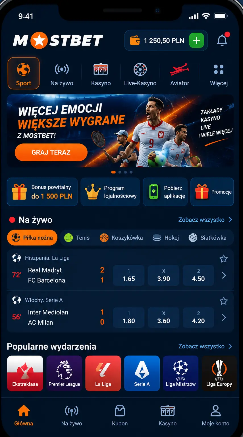Mostbet App – interfejs na iPhone z dolnym menu nawigacyjnym