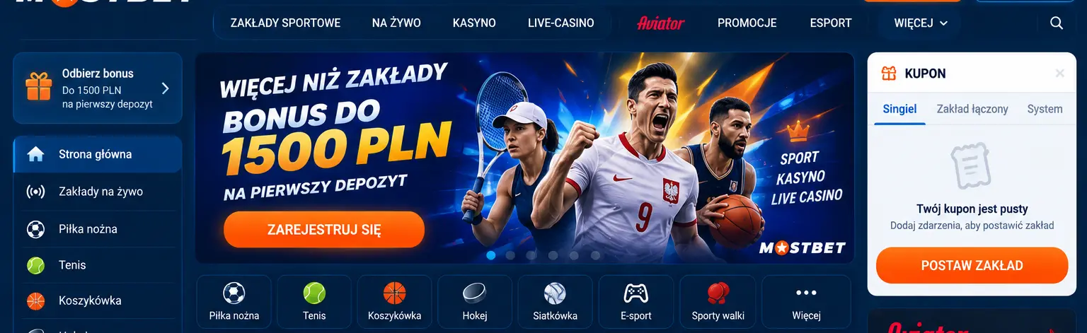 Mostbet PL – strona główna z menu w języku polskim