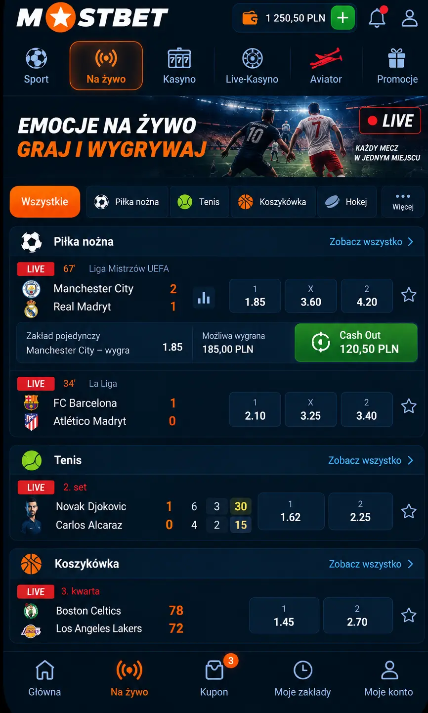 Mostbet – sekcja live betting z licznikiem czasu i przyciskiem Cash Out