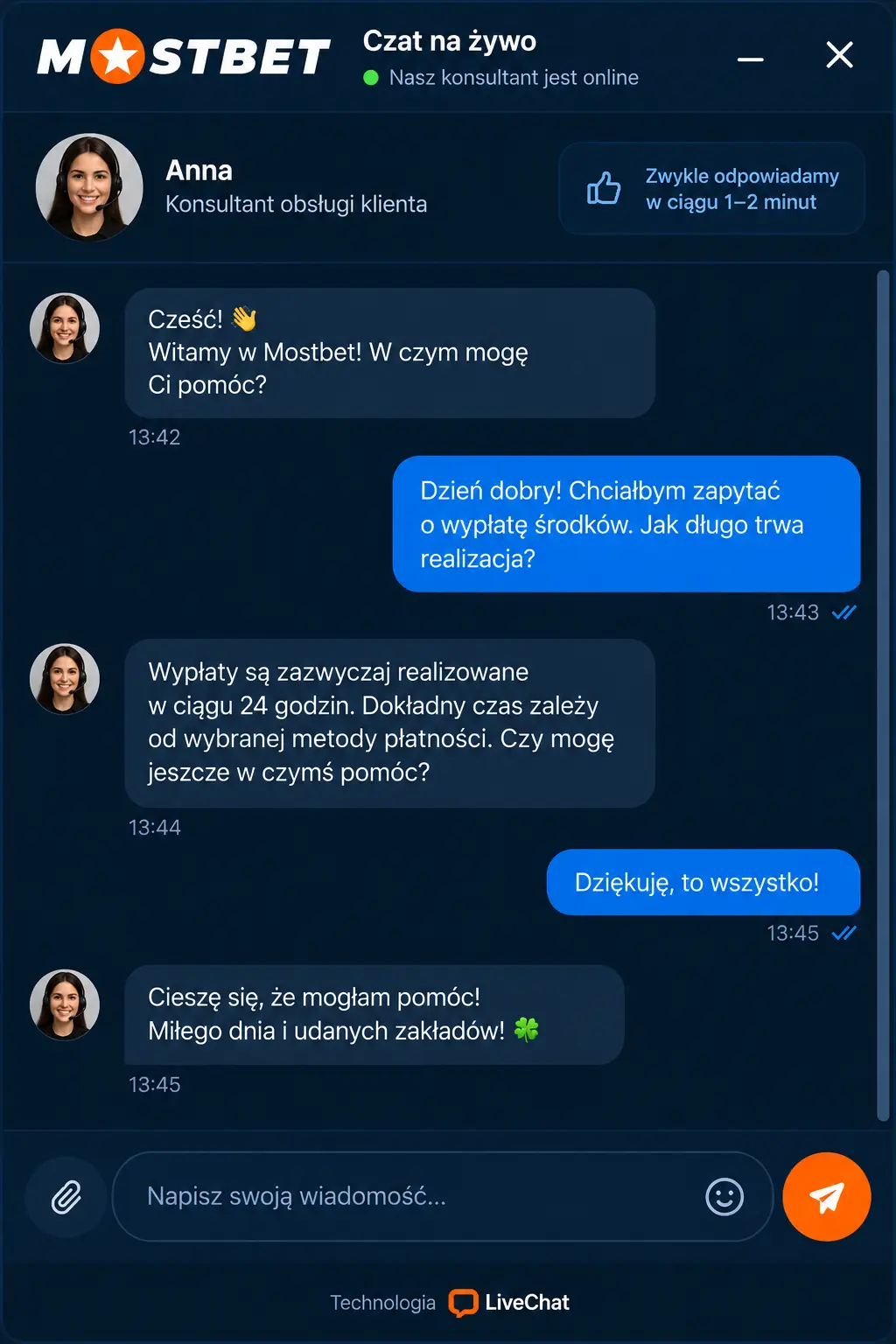 Mostbet – okno live chat z polem wiadomości i czasem oczekiwania