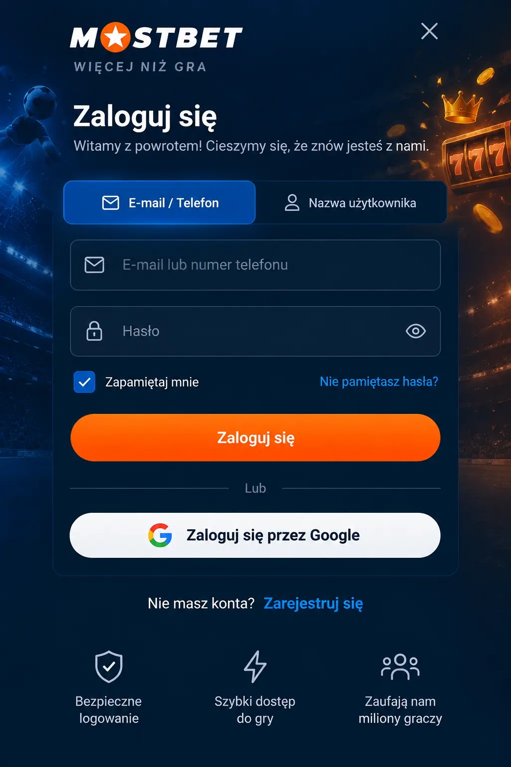 Mostbet – formularz logowania z polem email i opcją Google