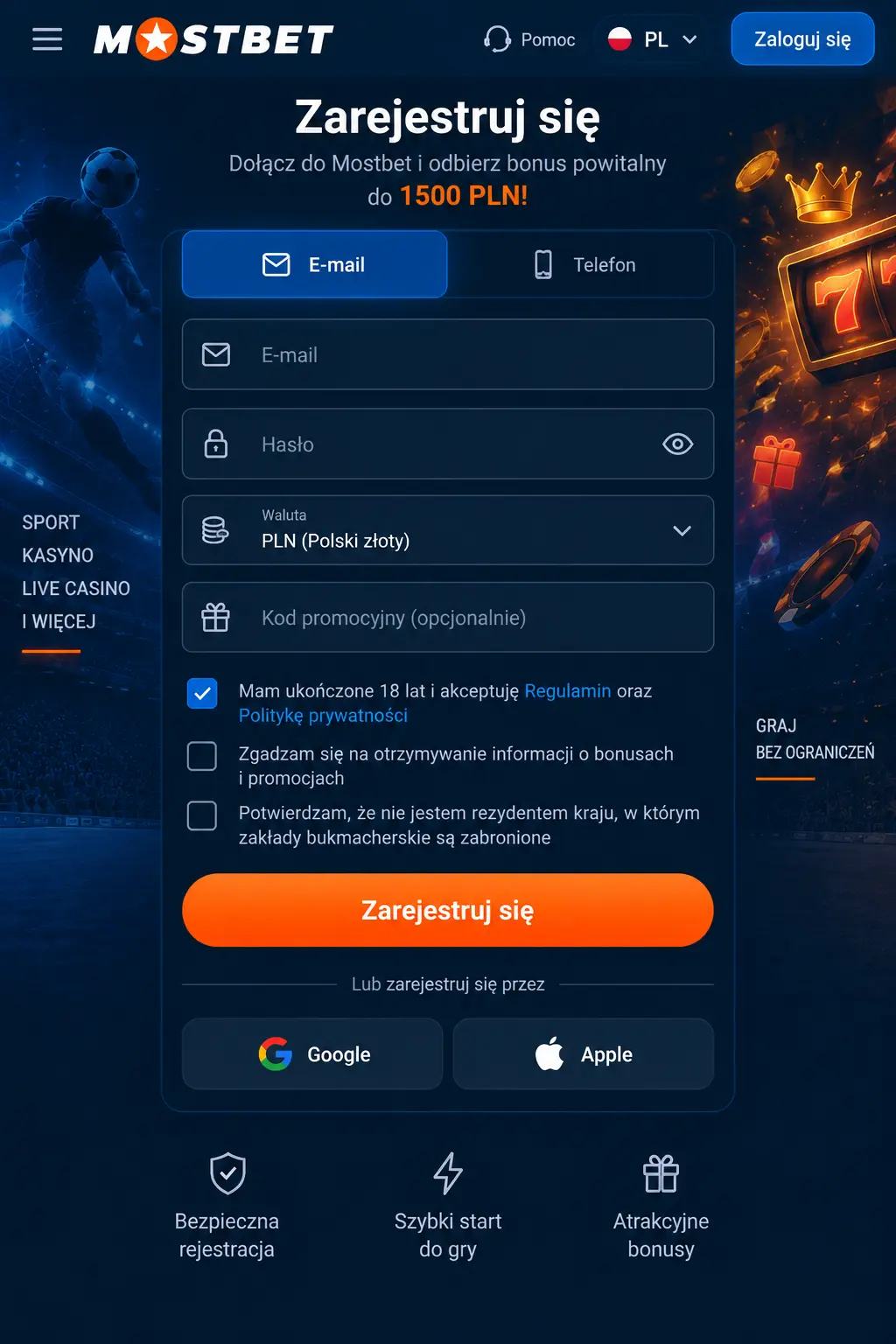 Mostbet – formularz rejestracji z wyborem waluty PLN